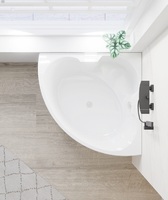 Baignoire autoportante moderne en acrylique blanc, écologique, pour coin de salle de bain, avec drain, pour 1 personne, en pierre artificielle et bois