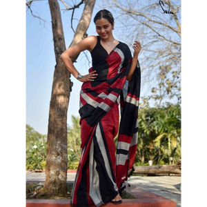 Sarees de Algodón Khadi de la Mejor Calidad con Bordado de Barra de Color y Borlas (Con Blusa), para Oficina/Uso Diario y Fiestas - Product Image 5