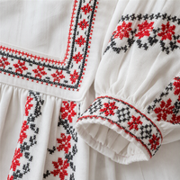 Robe décontractée pour femme, col carré, manches bouffantes, broderie au point de croix, robe midi, coton 220GSM, coupe trapèze, logo personnalisé, OEM, robe décontractée