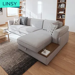 リンシーラグジュアリーモダンデザイナーアメリカンスタイルライトグレー寝椅子L字型サイズ23シーターリビングルームファブリックソファ995