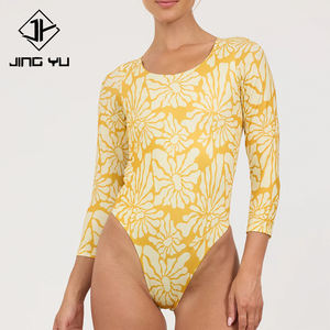 Summer Hawaiian Print Classic Sun Protection <b>Long</b>-<b>Sleeve</b> Surf <b>Suit</b> Custom Recycled Nylon Women's Surf Swimsuit - Product Image 1