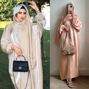 Sharut 2024 Modest Islamic Prayer Dress Shining Sparkly Satin Abaya Women Muslim Dress Jilbab Attached Hijab Hoodie Dubai Abaya