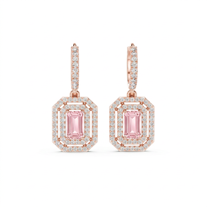 Boucles d'oreilles pendantes tendance en or rose plaqué avec diamants de laboratoire et halo taille baguette, idéales pour un cadeau de mariage pour femme - Product Image 1