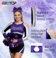 Tenue de performance Elite Cheer |   Uniforme de cheerleading violet, noir et argenté, à épaules dénudées, avec accents en strass et découpe au dos, service OEM