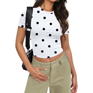 Camiseta corta transpirable de mujer con estampado de lunares, camiseta de punto de manga corta, elástica, transpirable, informal, top de verano, camisetas con lunares - Product Image 2