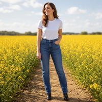 Jean ample pour femme, coupe droite, taille haute, jambe large, en denim extensible, bleu lavable, taille 10