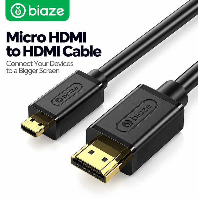Biaze Micro HDMI to HDMI2.0 4K60Hz Oxygen-Free Copper Braided Shielded PVC Jacket Male Cable for Camera Monitor TV Computer
