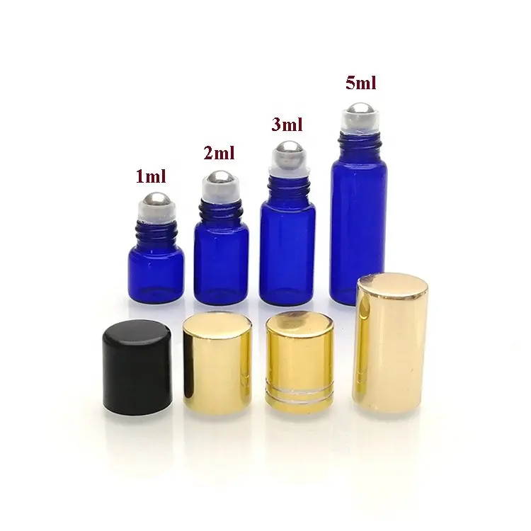 Mini bouteilles d'huile de parfum en verre 1ml 2ml 3ml 5ml rouleau d'huile essentielle bleue sur des bouteilles avec rouleau en métal
