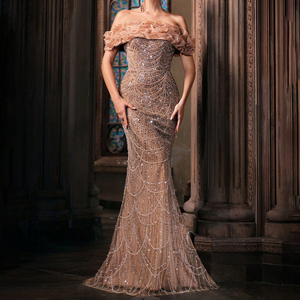 Abito da sera plissettato a sirena con paillettes color Champagne per cocktail party, abbigliamento per ospiti di nozze - Product Image 1