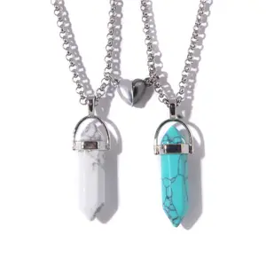 Coeur amoureux collier magnétique pilier Hexagonal pendentif collier en cristal pierre Turquoise Couple collier