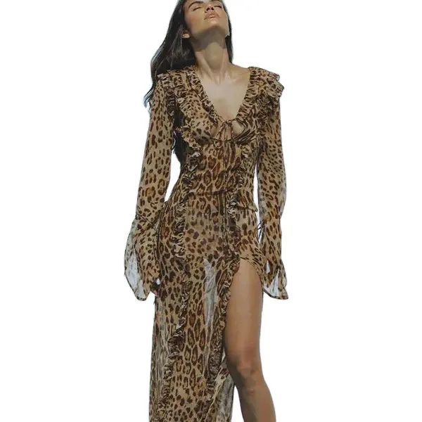 Wholesale summer chiffon women sexy leopard print chiffon long sleeved skirt with flanged front tie slit side open chiffon dress