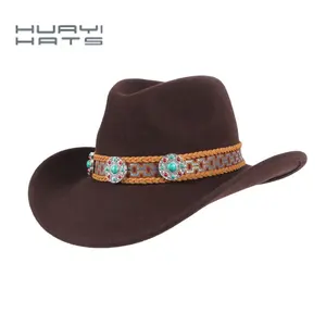 Chapéus huayi unissex estilo ocidental, aba larga, frontal de pitada, chapéus de cowboy marrom de lã 100%