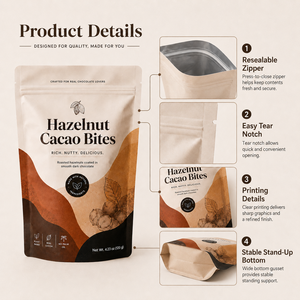 Sachets Doypack mats de qualité alimentaire avec fermeture éclair, imprimés sur mesure, refermables, pour morceaux de noisettes et de cacao - Product Image 3
