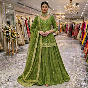 <b>Green</b> <b>Silk</b> Lehenga Set Embroidered Indian Pakistani Clothing Dupatta Choli Outfit for Wedding Party - Product Image 1