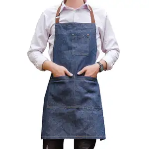 Wholesale High Quality Leather Blue Denim BBQ Adjustable Bib Coffee Garden Apron