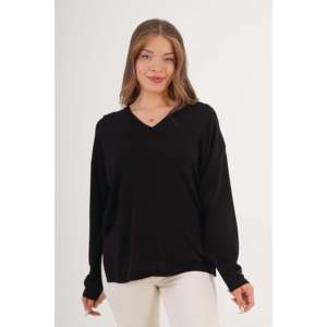 Suéter de Punto Negro Informal de Estilo Coreano para Mujer, Cuello en V y Aberturas Laterales, Talla XS, Suéter de Invierno con Logotipo Frontal - Product Image 4