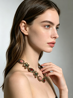 Collier ras du cou vintage XM N453 avec pendentif cœur rouge en strass et fleur verte, chaîne maillée, style rétro gothique pour femme, bijou de cou quotidien