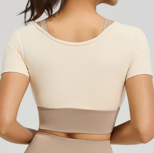 Wholesale Women's <b>Built</b>-<b>in</b> <b>Bra</b> Pad Yoga <b>Top</b> 2 <b>in</b> 1 Layered Short Sleeve Workout Shirt Slim Fit Breathable Athletic Wear OEM ODM - Product Image 6