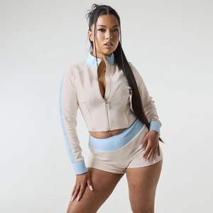 Conjunto de Yoga de 2 Piezas Personalizado para Mujer 2026, Top de Manga Larga con Cierre, Pantalones Cortos, Ropa Deportiva Elástica, Ribete en Contraste, Cuello Alto, Spandex, Poliéster - Product Image 4