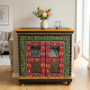 Armoire de salon vintage en bois récupéré peinte, avec porte à panneau surélevé en verre et motifs floraux sculptés à la main, idéale pour chambre d'hôtel ou ferme. - Product Image 2
