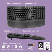 Teclado Inalámbrico Ergonómico Logitech Wave Keys con hasta 3 Años de Duración de Batería, Luz Indicadora de Bajo Mantenimiento para Flotas de TI