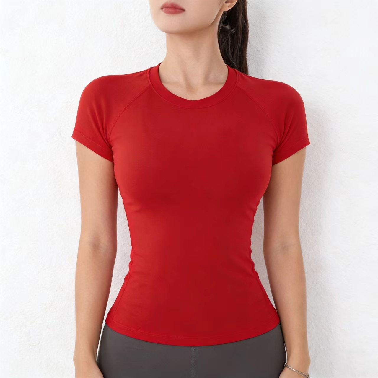 M040 Women Summer Woven Compressed Seamless Fitness Short Sleeve Stretch Running Yoga Solid Slim Fit Sweet Speed Dry T-shirt
