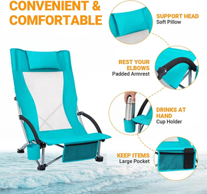 Silla de playa baja de acero, paquete doble, plegable, de respaldo alto, cómoda, extragrande, con asiento de malla transpirable, portátil, para camping, parque y hotel - Product Image 6