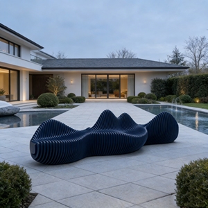 Banc en bois sculptural de luxe Y733, construction à lattes ondulées, pour salon VIP, restaurant, musée d'art, ambiance intérieure et extérieure - Product Image 3