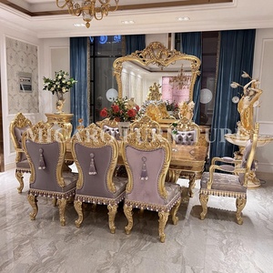 Juego de comedor de oro <span class=keywords><strong>barroco</strong></span> real, mesa de comedor tallada de madera con 8 sillas - Product Image 5