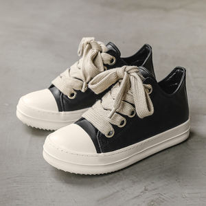 Baskets Décontractées Mixtes <span class=keywords><strong>en</strong></span> <span class=keywords><strong>Cuir</strong></span>, Chaussures Vulcanisées Tendance Étudiant(e)s, Blanc Noir à Lacets - Product Image 1
