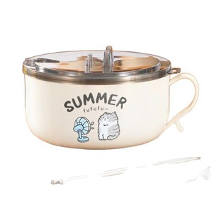 Tazón de fideos de acero inoxidable con diseño de gato de dibujos animados, con tapa, redondo, drenable, estilo japonés, para estudiantes y adolescentes - Product Image 4