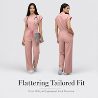 Combinaison pour femmes à col montant, manches courtes, taille à cordon de serrage, jambes larges, extensible dans 4 directions, multi-poches, pour uniforme d'infirmière en milieu hospitalier et clinique