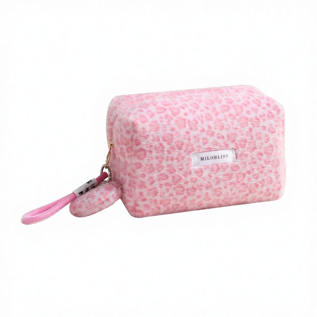 Trousse de maquillage léopard en peluche rose