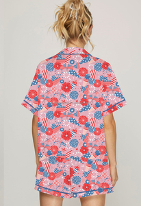 Summer <strong>Patriotic</strong> Independence Day Floral Heart Flag Print <strong>Short</strong> Sleeve Shirt <strong>Shorts</strong> Pajama Set Women - Product Image 5