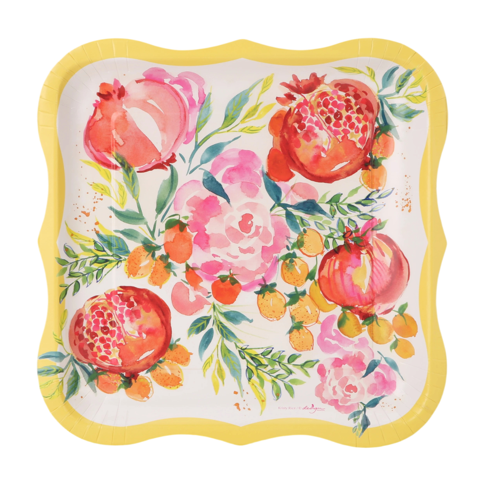 Square Paper Plates & Bowl with Three-Fruit Pattern-Eco-Friendly Food Grade Home Daily Use Tableware for Meals Snacks & Cookies