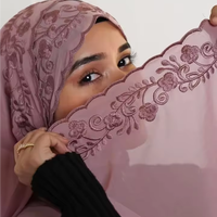 Foulard Hijab en Dentelle et Mousseline pour Femme, Turban Uni, Châle Pashmina avec Fleur, Voile Musulman d'Été, Broderie en Mousseline, 175*80cm