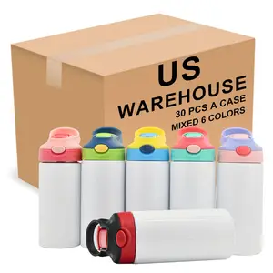 US WAREHOUSE12ozダブルインシュレーテッドステンレススチールキッズフリップトップタンブラーストレートブランクチャイルド昇華シッピーウォーターボトル