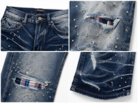 Jean pour homme vintage délavé en denim tricoté, taille mi-haute, micro-évasé, style punk, déchiré, avec patchs à carreaux, clous en strass, streetwear grunge