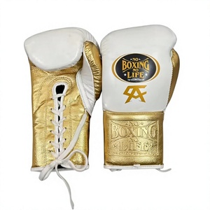 No Boxing No Life Leather Boxing Gloves White Gold <b>Lace</b>-Up Full Finger Adult Training Gear - Product Image 1