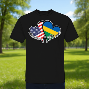 T-shirt con bandiera americana a forma di cuore e mezza bandiera della Lettonia, con design promozionale a tema radici, disegnato in Lettonia per gli americani di origine lettone. - Product Image 3