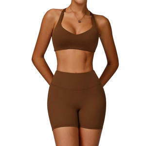 Zechuang Ensemble de yoga pour femmes, deux pièces, couleur unie, col en V, dos nu, combinaison de sport pour la course en plein air, TZ2029 - Product Image 1