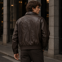Blouson Bomber Homme en Cuir Effet Vieilli avec Col Rabattable, Fermeture Boutons Pression, Motif Gaufré au Dos et Ourlet Élastique – Vente en Gros