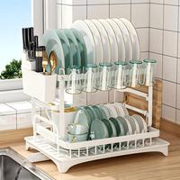 Égouttoir à vaisselle en métal à 2 niveaux pour cuisine, avec support pour couteaux et planches à découper, panier à couverts