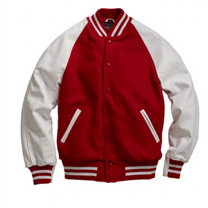 <b>Red</b> White Varsity <b>Jacket</b> Baseball Letterman Snap Button Front Ribbed Trim Contrast Sleeves Casual Men's Varsity <b>Jackets</b> - Product Image 1