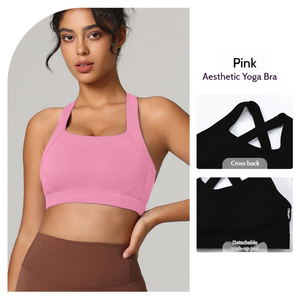 Haut de yoga pour femme, sans coutures, couleurs unies, bretelles croisées, coupe courte, séchage rapide, respirant, soutien-gorge de sport - Product Image 5