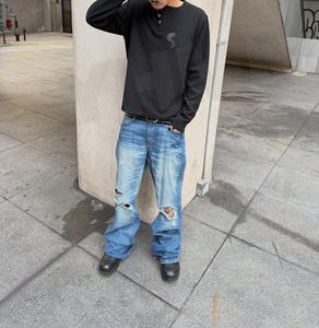 Custom Heavyweight Embroidery Acid Wash Boxy Fit Cotton Crewneck Sweatshirt Waffle Knitted <strong>T</strong>-<strong>shirt</strong> Long Sleeve <strong>t</strong> <strong>Shirts</strong> for <strong>Men</strong> - Product Image 3