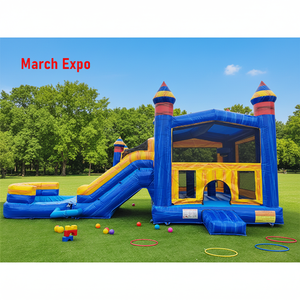 Castillo Inflable Azul y Amarillo con Tobogán y Piscina <span class=keywords><strong>de</strong></span> Chapoteo con Torres Rojas para Festivales al Aire Libre y Carnavales Comunitarios - Product Image 1