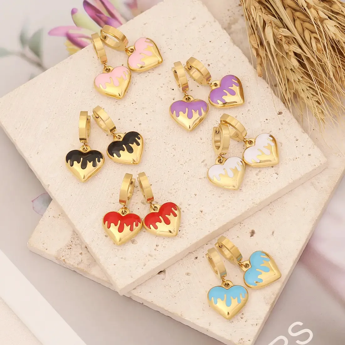 Schmuck Ohrringe Großhandel Großhandel Edelstahl Ohrringe 18k Gold vergoldet pfirsich Herz-Charme Tropfen-Hohne Ohrring für Damen