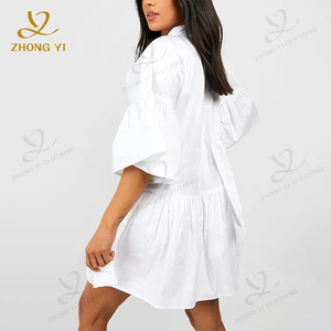 Nuovi Abiti <span class=keywords><strong>Estivi</strong></span> da <span class=keywords><strong>Donna</strong></span> 2024 con Colletto Alto, Maniche a Sbuffo Irregolari, Elegante Camicia in <span class=keywords><strong>Cotone</strong></span> Bianco con Volant - Product Image 4