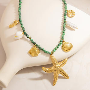 Collar de cuentas con colgante de estrella de mar y concha, cadena de clavícula de aleación de zinc chapada en oro de 18 quilates para mujer, joyería de moda. - Product Image 3